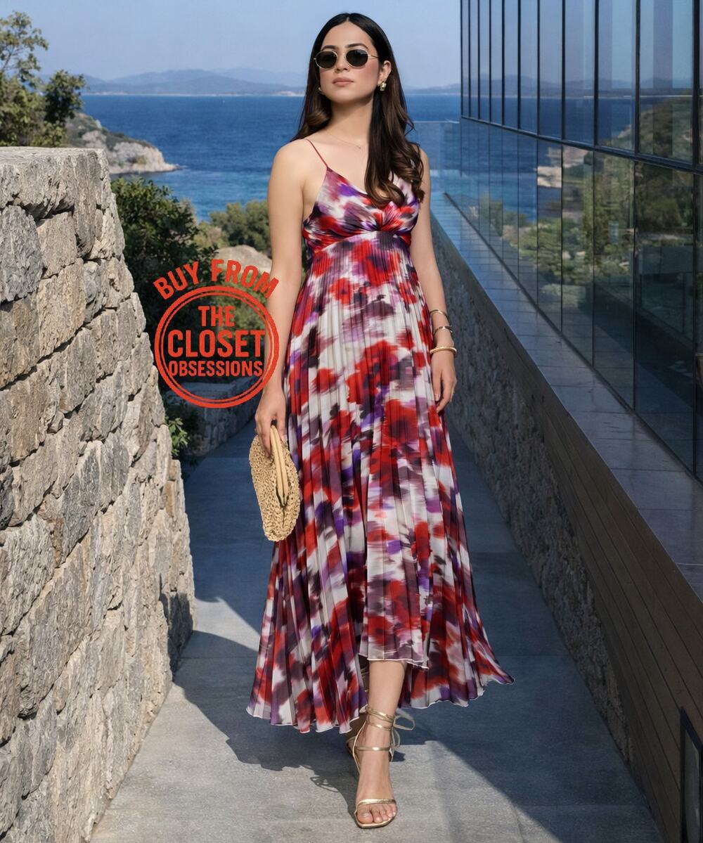 Mango NWT Floral Pleated Satin V Neck Maxi Dress 6
